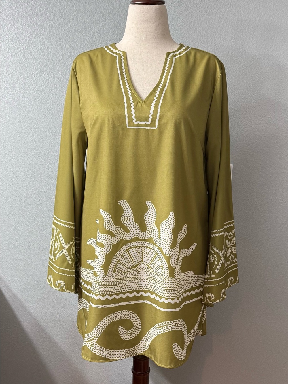 Sunday Up Boho Printed Tunic Caftan with Bell Sleeves, Large NWOT